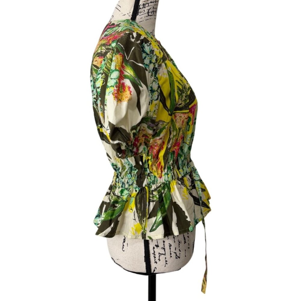 Marie Oliver Women XXS Willis Top Puff Sleeve Cotton Eden Floral Green Yellow - Picture 2 of 7